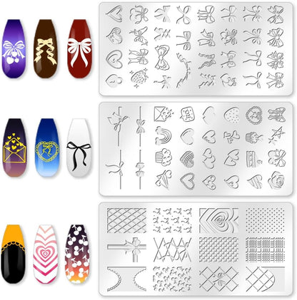 3Pcs Bow Nail Stamping Plate Set Girly Elements Romantic Heart Shape Stainless Steel Nail Stamp Templates Clear Silicone Nails Stamping with Stamper Scraper for Manicure Printing