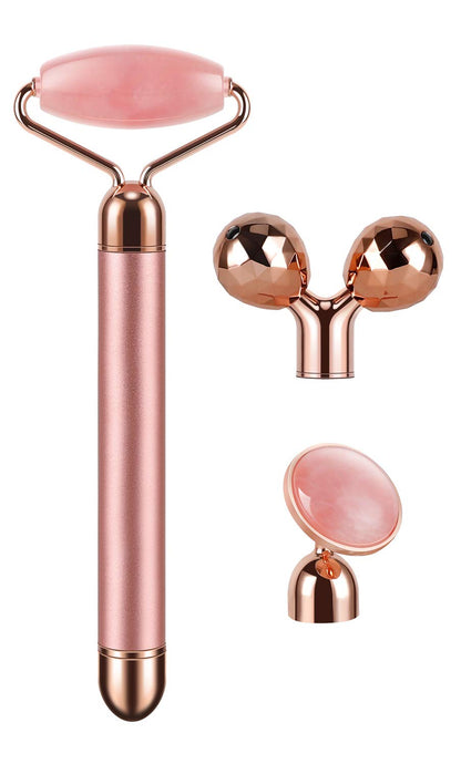 3-IN-1 Electric Jade Roller 3D Roller Facial Roller & Face Massager, Rose Quartz