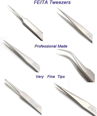 Professional Tweezers Set - FEITA Precision Tweezers with Travel Case - Stainless Steel Tweezers for Plucking, Watchmakers, Jewelry, Electronic, Craft (Silver 7Pcs)