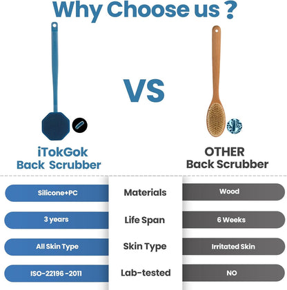 iTokGoK® All New Premium Silver-Infused Silicone Back Scrubber with Long Handle Back Brush for Shower,Back Brush Long Handle for Men and Women,Ergonomic No-Slip Handle, Long-Lasting (Blue)