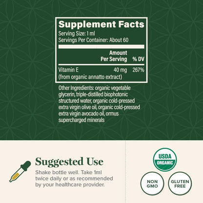 Global Healing Organic Vitamin E Liquid Drops 40 mg - Natural D-Alpha Tocopherol 15% α-tocopherol - Vegan Liquid Vitamin E Oil Oral Supplement for Skin - Low Dose Liposomal Vitamin (2 Oz)