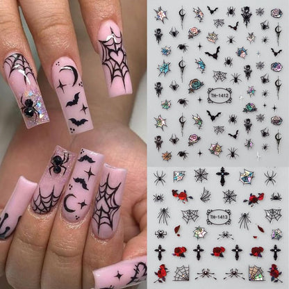 6 Sheets Halloween Nail Stickers Decals, 3D Spider Nail Sticker Decoration Self-Adhesive Colorful Red Rose Flowers Spider Web for Nails Stickers DIY Manicure Art Halloween Decoration