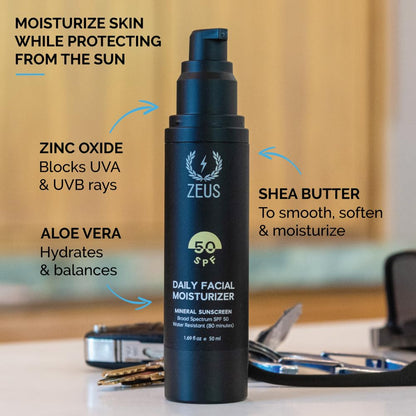 ZEUS Men's Daily Defense SPF50 Face Moisturizer for Men, Natural & Organic, Zinc Oxide Face Moisturizing Mineral Sunscreen, Hydrates & Protects Skin Against Harmful UV Rays (Made in USA)