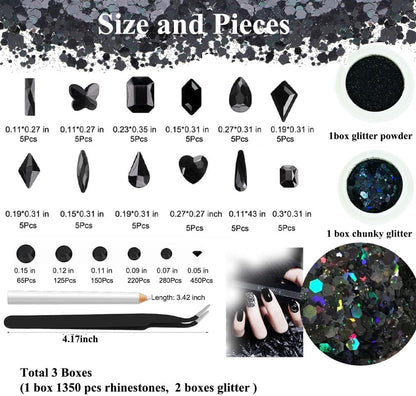 3 Boxes Black Nail Rhinestones with Fine Glitters Kit, 60Pcs Big Assorted Black Nail Gems with S6-S16 Flatback Round Stones,Crystals Nail Gem Stones for DIY Faces Body Crafts