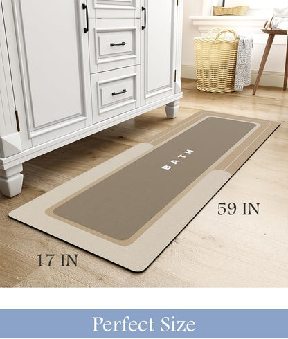 MontVoo-Bath Mat Rug Long Non Slip Super Absorbent Bathroom Runner Stain Resistant Quick Dry Thin Bathroom Mat Fit Under Door-17"x59",Beige