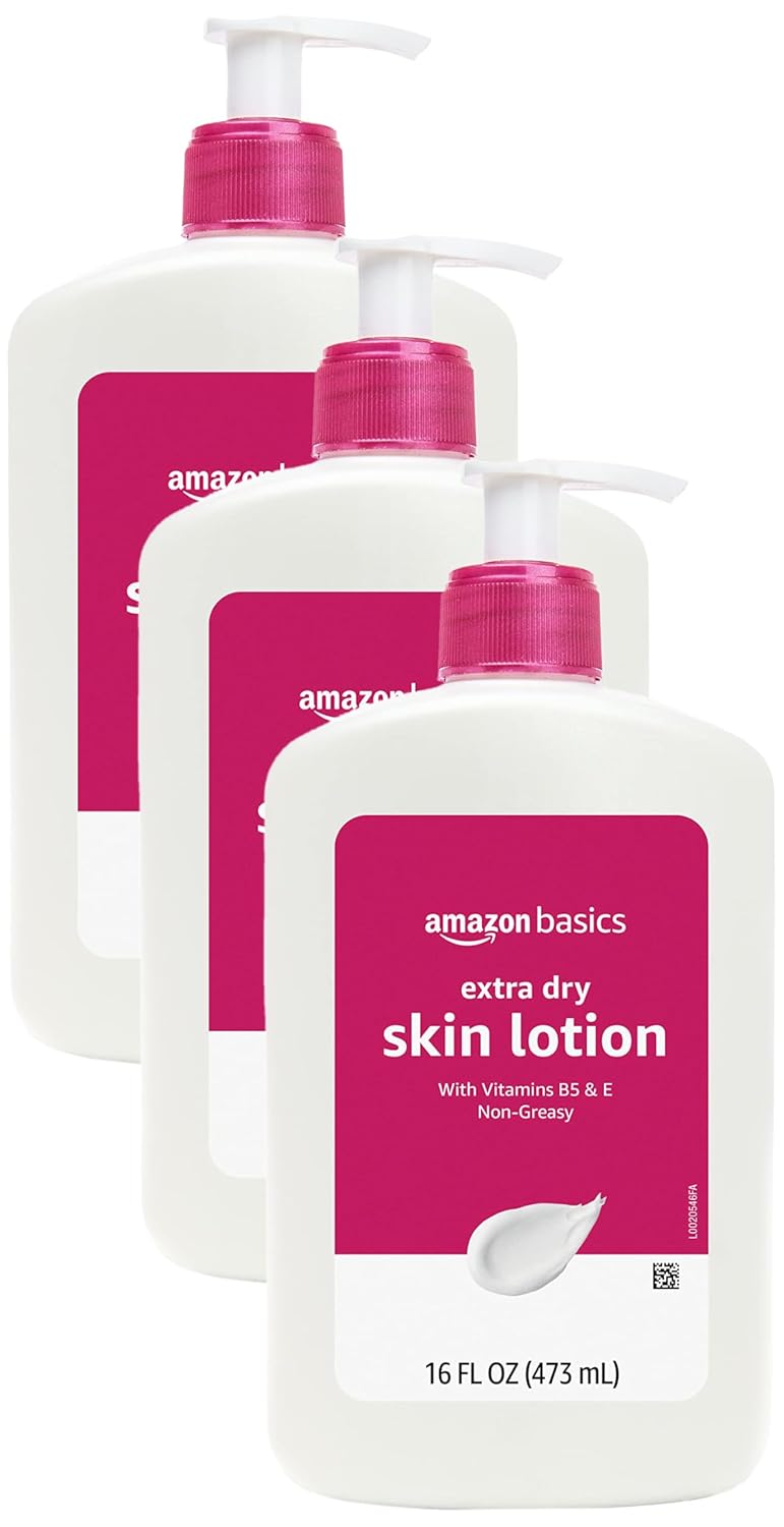 Amazon Basics Body Lotion for Extra-Dry Skin with Vitamins B5 & E, Clean Scent, 16 fl oz, Pack of 3 (Previously Solimo)