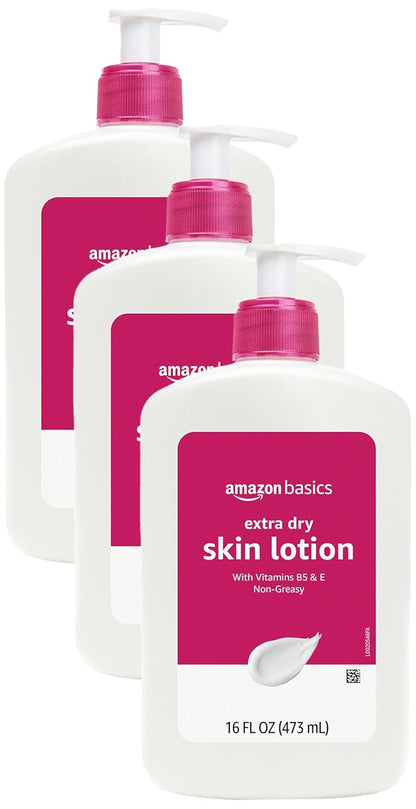 Amazon Basics Body Lotion for Extra-Dry Skin with Vitamins B5 & E, Clean Scent, 16 fl oz, Pack of 3 (Previously Solimo)