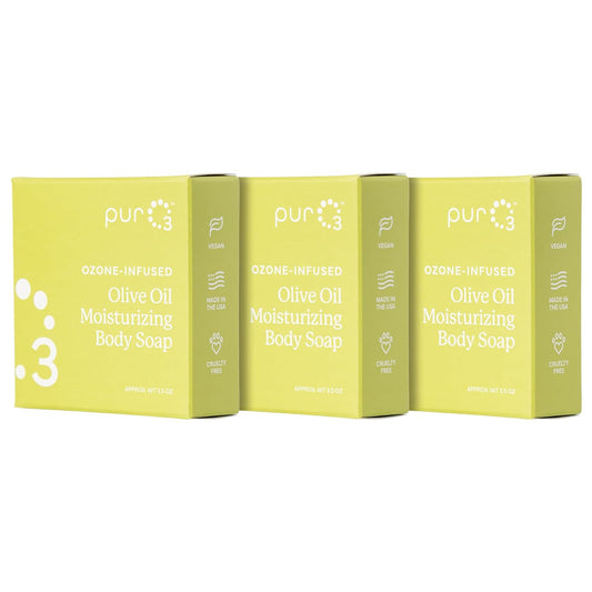 PurO3 Ozonated Olive Oil Soap 3-Pack – Handcrafted Organic Body Wash – Natural Vegan Bars for Women & Men – Gentle, Biodegradable, Non Toxic Cleanser for Shower & Bath, 3.5 oz Bar Set