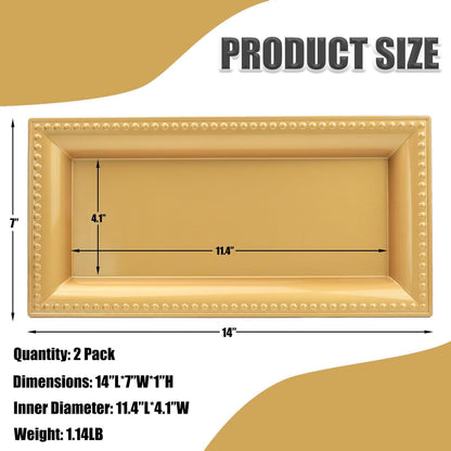 2 Pack Gold Bathroom Vanity Tray for Countertop with Beads, Small Plastic Toilet Tank Versatile Storage Organization Tray for Makeup, Perfume, Desk, Kitchen, Candles, 14"x7"x1", 36G