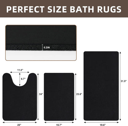 Diatomaceous earth bath mat Bathroom Rugs Sets 3 Piece Super Absorbent Quick Dry Bath Mats, Rubber Non Slip Shower Mat and Toilet Mat U Shape, Shower Rug for in Front of Bathtub Shower, Black