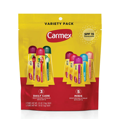 Carmex Daily Care and Daily Care Minis Moisturizing Lip Balm Pack, SPF 15, Multi-Flavor Lip Care Variety Pack Bag, 8 Count (3 Tubes, 5 Mini Tubes)