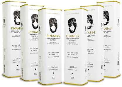P.J. KABOS 2024/25 Harvest, High Phenolic (450+mg/kg), Premium Greek Extra Virgin Olive Oil, Kosher, Greece, Cold Extracted, 6 x 16.9 oz Tin, Koroneiki, "Family Reserve - Medium"