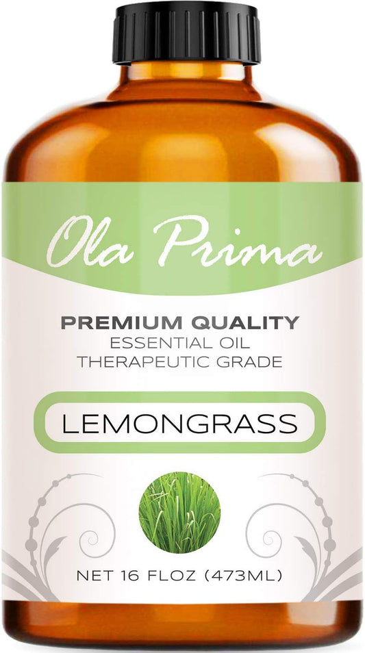 Ola Prima Lemongrass Essential Oil for Aromatherapy, Diffuser, Cleaning, Skin, Hair Health, Relaxation, Soap & Candle Making (16oz Bulk)