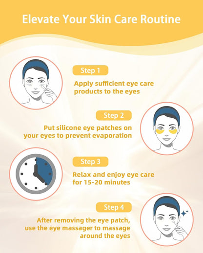 Under Eye Patches Silicone - 2 Pairs Reusable Eye Patches, Eye Wrinkle Patches, Reusable Under Eye Mask, Plump Fine Lines & Wrinkles, with Metal Eye Cream Applicator, Tin Case, Gold