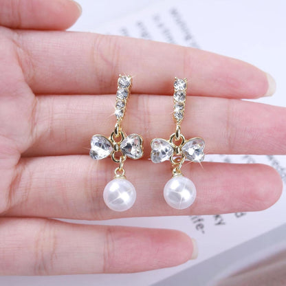 Vintage Crystal Pearl Dangle Earrings Rhinestone Bow Drop Earrings Cz Pearl Earrings Gold Pearl Bow Stud Earrings Jewelry for Women