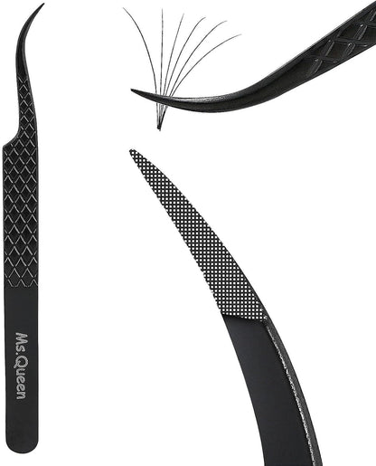 Ms.Queen Eyelash Extension Tweezers,Microfiber Tip Curved Lash Tweezers for Volume, Isolation& Classic Lashes Extensions,Black