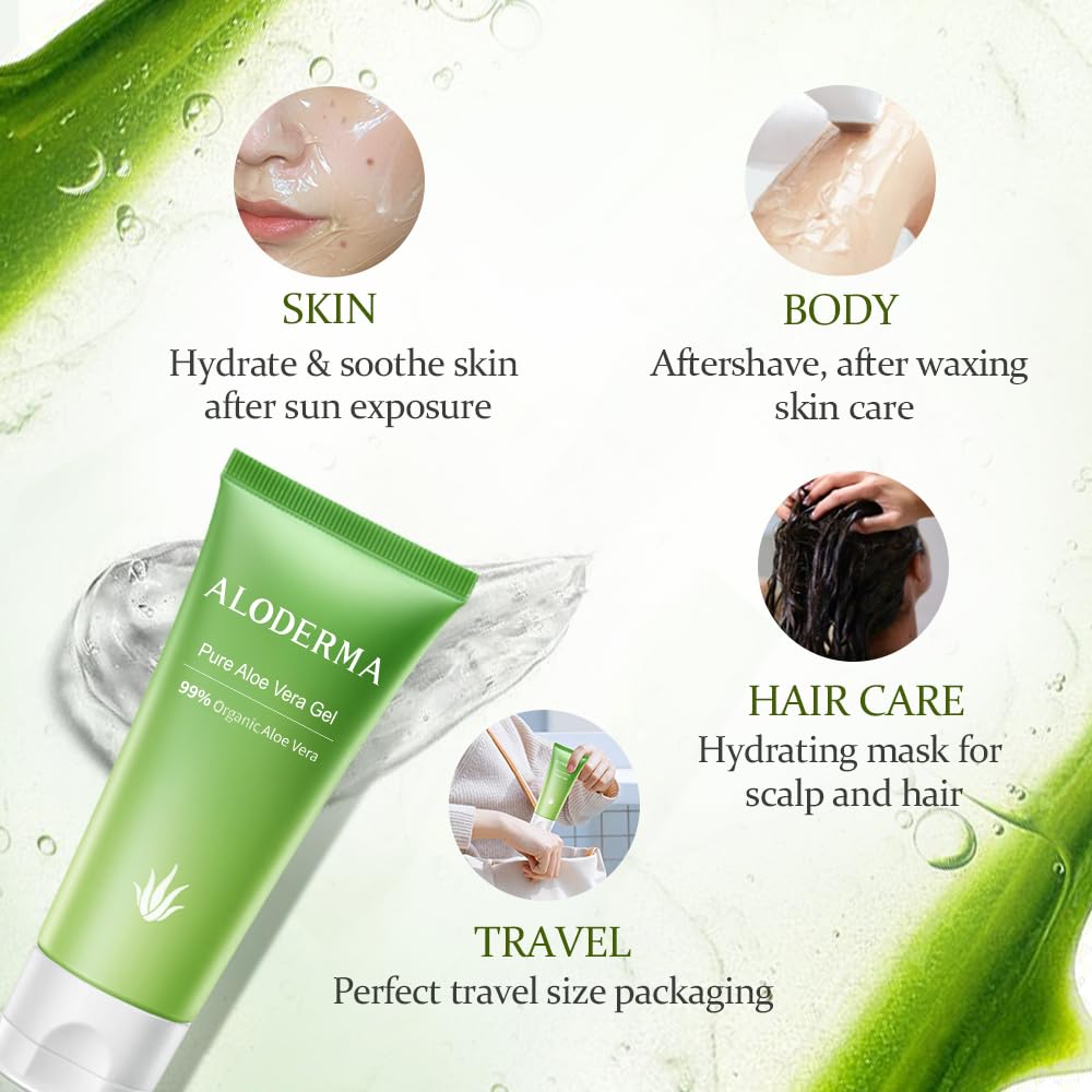 Aloderma 99% Organic Aloe Vera Gel Made within 12 Hours of Harvest, Easy Travel Size Tube for Body, Face, & Scalp, Cooling & Soothing Support for Skin & Sunburn, Hydrating Aloe Gel, 1.5oz - 6ct