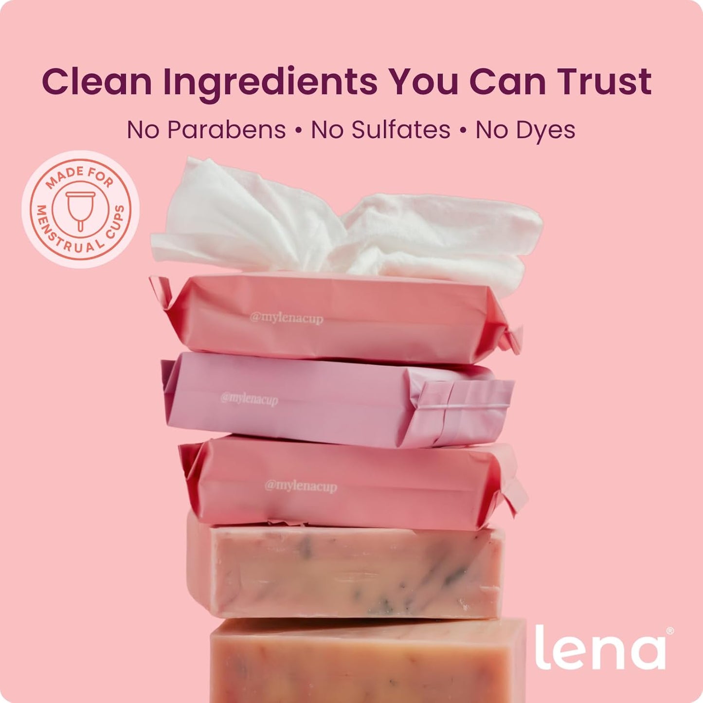 Lena Feminine Wipes Mini - Flushable, Unscented & Ph Balanced - Period Travel Kit - Menstrual Cup Wipes & Menstrual Disc Cleaner - 32 Count