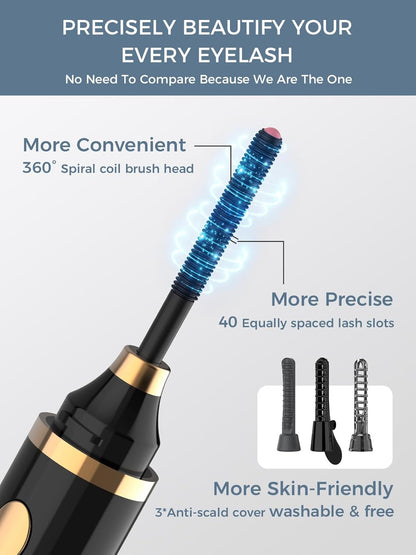 Smiling Shark Heated Eyelash Curler, 2025 New 360°Wand-Style Heated Lash Brush Rechargeable with 3 Brush Heads & 3 Temp 【Lengthen/Define/Curler】 3-in-1 Lash Curler for All Types of Lashes, Black