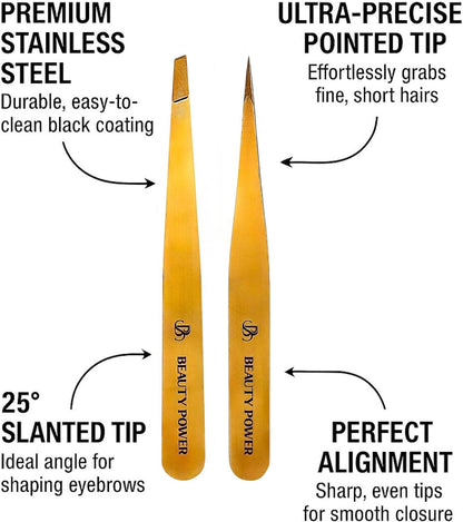 Professional Tweezers Set – Slant & Point, Ultra Precision German Stainless Steel Tweezers for Eyebrows, Chin, Ingrown Hair & Facial Grooming – Lightweight with Travel Case (Matte Gold)