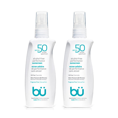 BU SPF 50 Sunscreen Spray for Face and Body, Fragrance Free, Clear Non Aeorsol, Non Greasy and Water Resistant (2-pack)