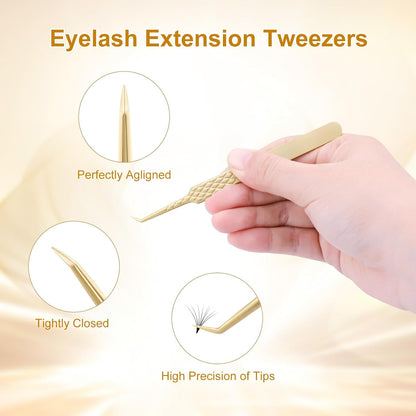 NAGARAKU Precision Fiber Tip Tweezer for Eyelash Extensions Diamond Grip Anti-Static Anti-Slip Premium Gold Stainless Steel Curved Volume Eyelashes Tweezers Supplies with Box(45 Degree Tweezer AG-07)