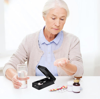 Pill Cutter for Small and Tiny Pills, Professional Aluminum Pill Splitter with Auto Centering Device and 2 Replaceable Stainless Steel Blades, Portable Pill Splitter with PU Case (Black)