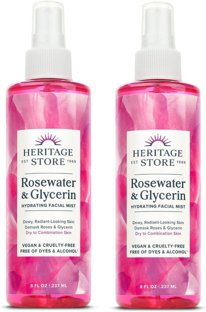 HERITAGE STORE Rosewater & Glycerin 2-pack - Hydrating Facial Mist - Dry Combination Skin Care - Rose Water Spray with Vegetable Glycerine - Made Without Dyes or Alcohol, Hypoallergenic, Vegan, 8oz ea