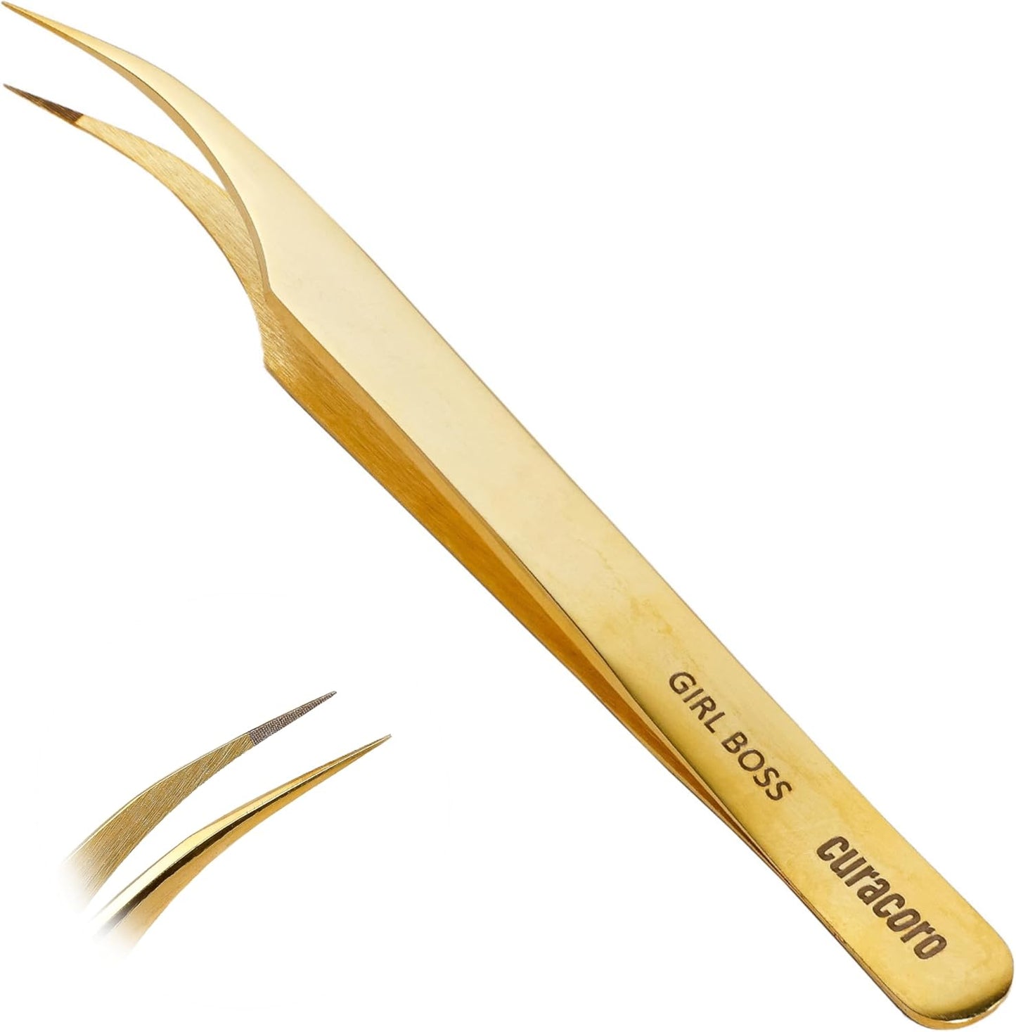 Curacoro Lash Tweezer - Professional & Precision Fiber Tip Grip Lash Tweezers for Eyelash Extensions, Multi Shapes & Purposes Tweezers for Volume, Isolation & Classic Lashes (Gold, Girl Boss)