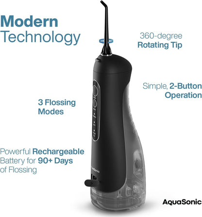 AquaSonic Aqua Flosser PRO - Rechargeable Cordless Water Flosser for Teeth, Gums & Tongue - Modern Design, 300ml Large Tank, 6 Jet Tips with Deluxe Tongue Nozzle, 3 Modes, Waterproof Black