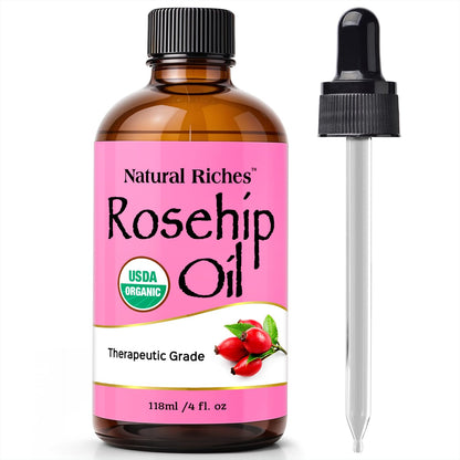 Natural Riches Organic Rosehip Seed Oil for Face 100% Pure Natural Cold Pressed Unrefined Non-GMO Carrier Oil for Skin Hair & Nails. 4 fl oz.