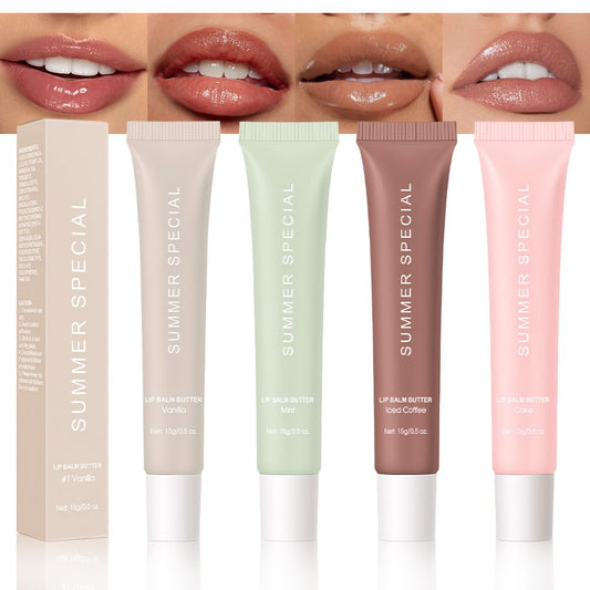 4PCS Summer Ultra-Hydrating Lip Butter Balm – Natural Vegan Lip Balm for Instant Moisture, Shine & Hydration, Sheer-Tinted, Soothes & Softens Dry Lips, Taste Vanilla & Mint & lced Coffee & Cake