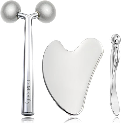 Gua Sha Facial Tools Stainless Steel & Face Roller Massager Skin, Facial Massage Skin Care for Face Neck Body, Reduce Puffiness Remove Wrinkles, Valentines Gift for Women