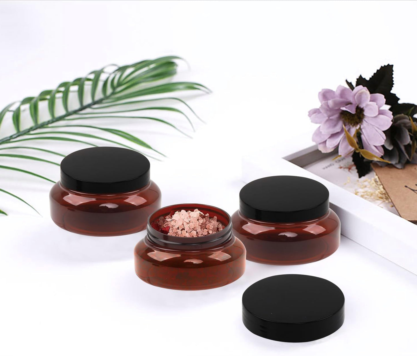 Amber Plastic Jars with Lids, 12 Pack Brown Body Scrub Jars Empty Refillable Containers Round Low Profile Samples Jars for Lotion, Body Butter, Sugar Scrub, Cream (5.3 OZ)