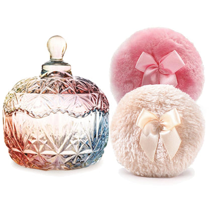 Luxury 4 Inch Glass Loose Powder Container with 2 Soft 3.5" Puffs｜Non-Sealed Refillable Organizer Storage for Body Powder Makeup & Jewelry & Setting Applicator(Crown-Colorful)
