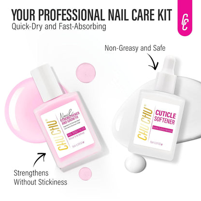 CHUCHU Nail Strengthener and Repair Kit: Pink Hardener and Growth & Cuticle Softener Set - Protein Ridge Filler Polish Quick Dry for Weak Peeling Brittle Splitting Nails - for Women Home Salon