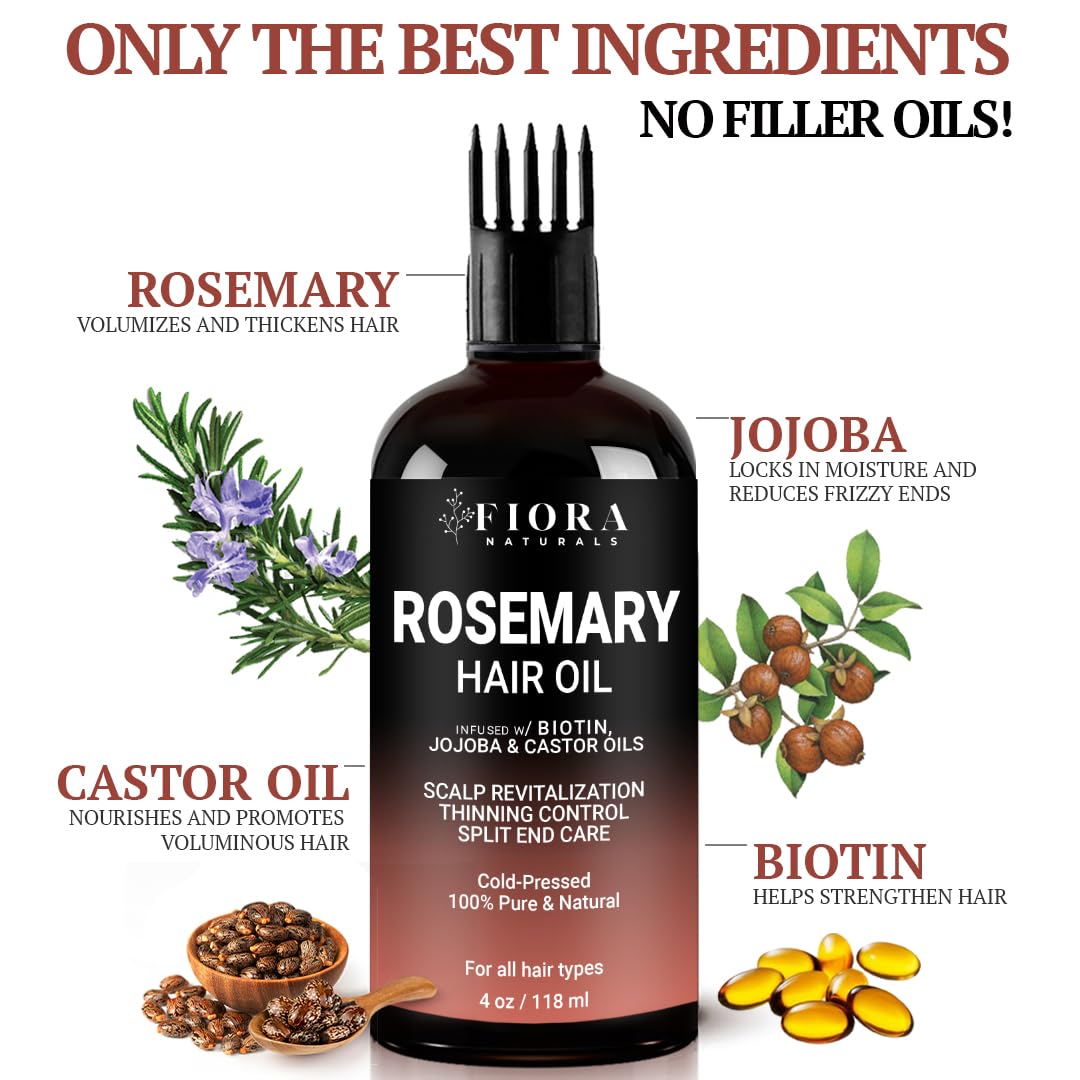 100% Pure Rosemary Oil for Hair Growth, Infused with Biotin, Jojoba & castor Oils - Natural Hair Strengthening Serum, Scalp and Beard Oil, Aceite De Romero Para El Cabello