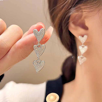 Vintage Heart Drop Earrings Long Heart Dangle Earrings Triple Heart Stud Earrings Silver Love Heart Earrings Jewelry for Women