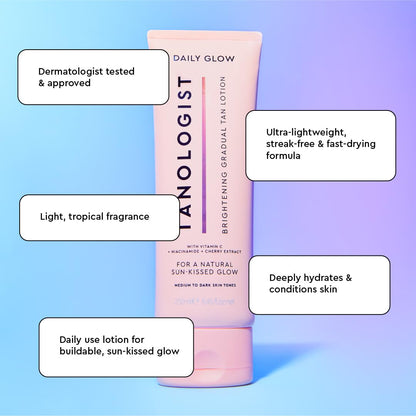 Tanologist Brightening Daily Glow Body Lotion- Medium/Dark, Gradual Tanning Lotion, No Fake Tan Smell, Streak-Free & Natural Looking Self Tanner, Vegan, 8.45 fl. oz/250 ml Tube