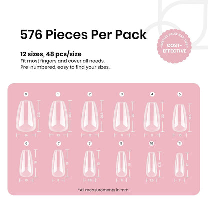 Beetles Short Coffin Nail Tips 576 PCS Half Matte Pre-shape Short Coffin Fake Nails 12 Sizes Full Cover Acrylic False Nails Nail Extension DIY Manicure Gifts for Women
