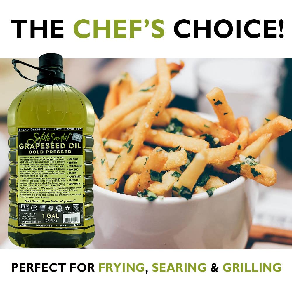 Cold Pressed Grapeseed Oil by Salute Sante! High Temperature Cooking, Healthy Grape Seed Oil, Non-GMO and Kosher for Salad Dressings, Marinades and Dips, Vegan, 1 Gallon