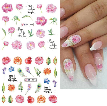 12 Sheets Flower Nail Water Transfer Decals, Nail Art Stickers for Women, Holographic Colorful Flower Leaf Patterns Nail Designs Supplies, Acrylic Nails Decorations DIY Resin Nail Decal Tattoos Set