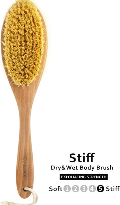 ICANdOIT Very Stiff Dry Brushing Body Brush for Men&Women, Long Handle Dry Skin Brush for Cellulite and Lymphatic Drainage with Natural Agave Cactus Tampico Fiber Bristles