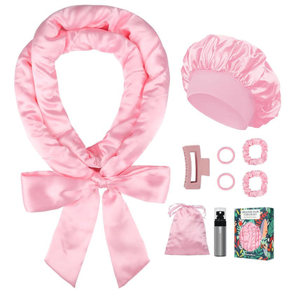 Satin Heatless Curls Overnight Hair Curlers to Sleep In Hair Curler Rollers No Heat Hair Wrap for Curls Headband, 70" Satin Heatless Curling Rod Set for Women Long Waves Hair Volume -Pink 9PCS