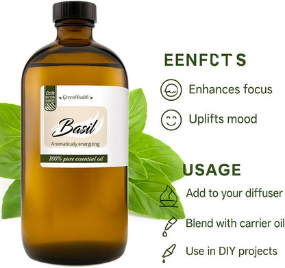 Basil Essential Oil – 16 fl oz (473 ml) Amber Glass Bottle – 100% Pure, Undiluted, Therapeutic Grade – Fresh, Herbaceous Aroma – GreenHealth