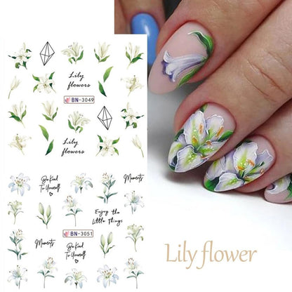 12 Designs Flower Nail Art Stickers - Lily Acrylic Decals for Spring Summer Decorations - Colorful Assorted Floral Water Transfer Slider Foil Sticker for Women