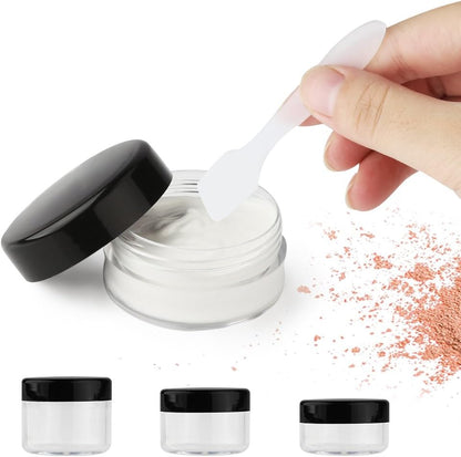 Accmor 15 Pieces Empty Clear Plastic Sample Containers with Lids 10/15/ 20 Gram Size Cosmetic Pots Jars with 5 Pieces Mini Spatulas