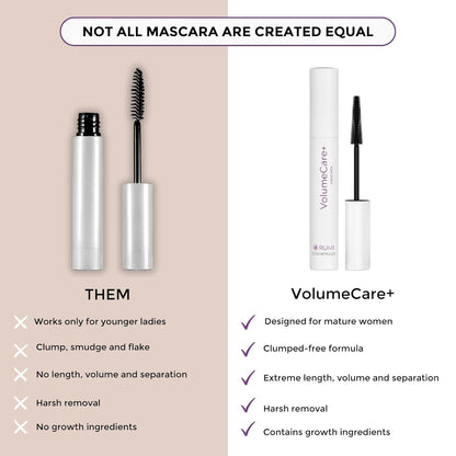 VolumeCare+ Mascara For Older Women - Extreme Length and Volume 2-in-1 Formula - No Clumps, Long-Wearing, Hypoallergenic Mascara For Sensitive Eyes (Natural Black)