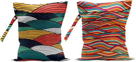 2Pcs Wave Print Wet Bags, Wet Dry Bag Reusable for Swimsuit, Travel, Diapers, Pool, Beach, Dirty Yoga Gym Clothes, Toiletries, Makeup Bag, Zipper Pouch Waterproof Birthday Christmas Gifts