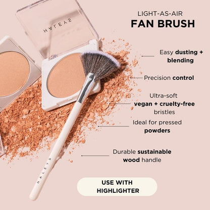 HALEYS Fan Brush VEGAN+CRUELTY-FREE, Sustainable Wood, Vegan Bristles for Airbrushed Finish, For highlighter application, Streak-free, Perfect Blending, Blurs, Smooths with Control